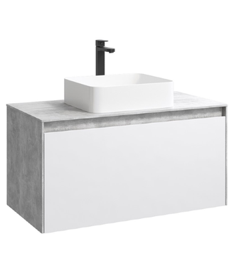 Подвесная тумба 100 см с двумя ящиками: основной и внутренний, скрытый за фасадом. Цвет бетон светлый/белый; с умывальником MOB0110BS+MOB0710W