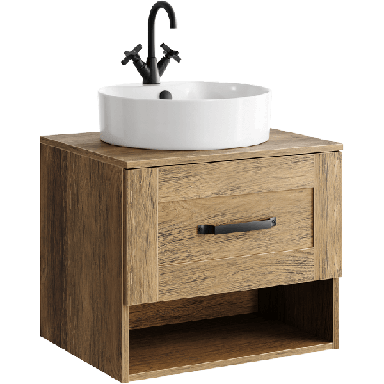 Подвесная тумба 60 см с одним ящиком и открытой полкой в цвете дуб балтийский, с умывальником CRF0106DB