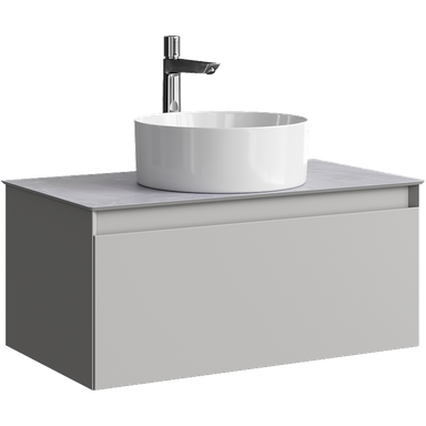 Подвесная тумба с одним ящиком 81 см, цвет серый туман со столешницей серый камень и наставным умывальником  GE01081ST+STG814X476GS