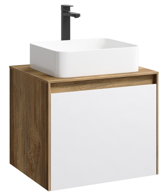 Подвесная тумба 60 см с двумя ящиками: основной и внутренний, скрытый за фасадом. Цвет дуб балтийский/белый; с умывальником MOB0106DB+MOB0706W