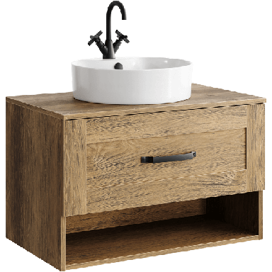 Подвесная тумба 80 см с одним ящиком и открытой полкой в цвете дуб балтийский, с умывальником CRF0108DB