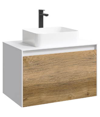 Подвесная тумба 80 см с двумя ящиками: основной и внутренний, скрытый за фасадом. Цвет белый/дуб балтийский; с умывальником MOB0108W+MOB0708DB