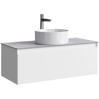 Подвесная тумба с одним ящиком 100 см, цвет белый со столешницей серый камень и наставным умывальником  GE01101WM+STG1014X456GS