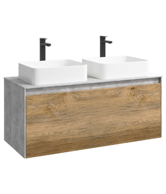 Подвесная тумба 120 см с двумя ящиками: основной и внутренний, скрытый за фасадом. Цвет бетон светлый/дуб балтийский; с умывальником MOB0112BS+MOB0712DB