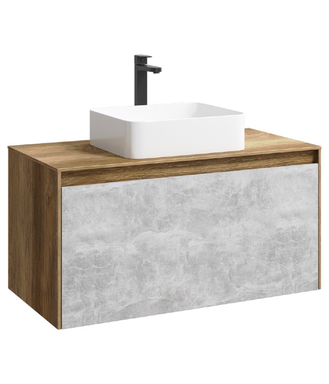 Подвесная тумба 100 см с двумя ящиками: основной и внутренний, скрытый за фасадом. Цвет дуб балтийский/бетон светлый; с умывальником MOB0110DB+MOB0710BS