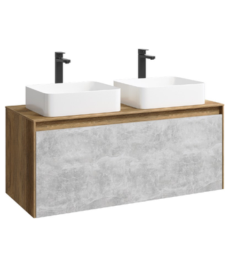 Подвесная тумба 120 см с двумя ящиками: основной и внутренний, скрытый за фасадом. Цвет дуб балтийский/бетон светлый; с умывальником MOB0112DB+MOB0712BS