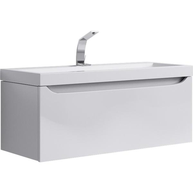 Подвесная тумба в цвете акация с одним выдвижным ящиком и полкой, скрытой за фасадом, с умывальником из литьевого мрамора Ver.01.08/А