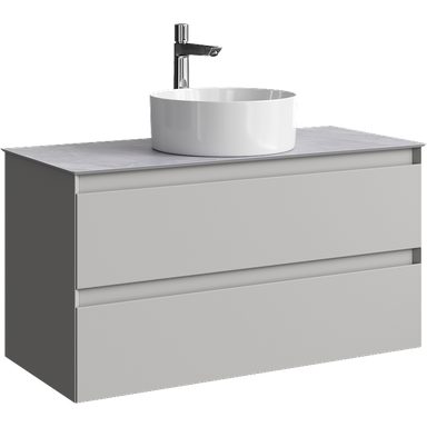 Подвесная тумба с двумя ящиком 100 см, цвет серый туман со столешницей серый камень и наставным умывальником  GE01102ST+STG1014X456GS