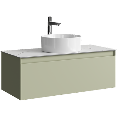 Подвесная тумба с одним ящиком 100 см, цвет зеленый шалфей со столешницей мрамор белый и наставным умывальником  GE01101SH+STG1014X456MW