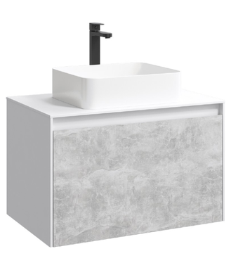 Подвесная тумба 80 см с двумя ящиками: основной и внутренний, скрытый за фасадом. Цвет белый/бетон светлый; с умывальником MOB0108W+MOB0708BS