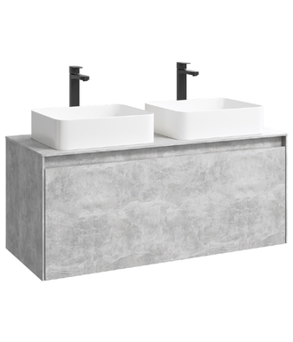 Подвесная тумба 120 см с двумя ящиками: основной и внутренний, скрытый за фасадом. Цвет бетон светлый; с умывальником MOB0112BS+MOB0712BS