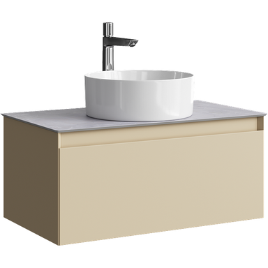 Подвесная тумба с одним ящиком 81 см, цвет морская дюна со столешницей серый камень и наставным умывальником  GE01081MD+STG814X476GS