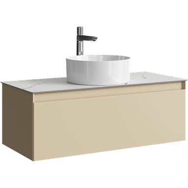 Подвесная тумба с одним ящиком 100 см, цвет морская дюна со столешницей мрамор белый и наставным умывальником  GE01101MD+STG1014X456MW