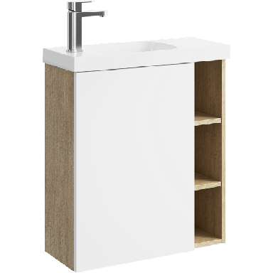 Подвесная тумба 60 см левая с одной дверью и открытыми полочками, цвет: корпус - дуб давос, фасад - белый матовый ALB0106LDD+ALB0706WM