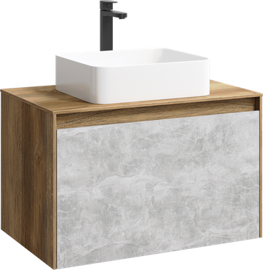 Подвесная тумба 80 см с двумя ящиками: основной и внутренний, скрытый за фасадом. Цвет дуб балтийский/бетон светлый; с умывальником MOB0108DB+MOB0708BS