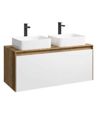 Подвесная тумба 120 см с двумя ящиками: основной и внутренний, скрытый за фасадом. Цвет дуб балтийский/белый; с умывальником MOB0112DB+MOB0712W