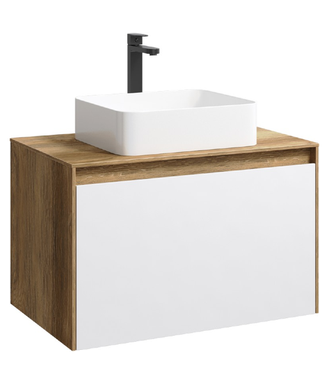 Подвесная тумба 80 см с двумя ящиками: основной и внутренний, скрытый за фасадом. Цвет дуб балтийский/белый; с умывальником MOB0108DB+MOB0708W