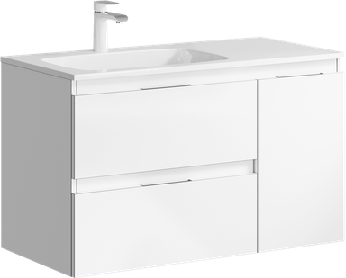 Подвесная тумба с двумя ящиками и одной дверью в белом цвете с умывальником из литьевого мрамора (чаша слева) ACC0109LW