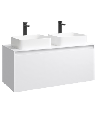 Подвесная тумба 120 см с двумя ящиками: основной и внутренний, скрытый за фасадом. Цвет белый; с умывальником MOB0112W+MOB0712W