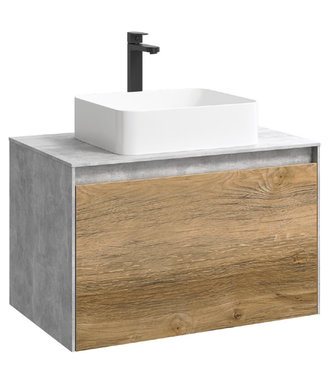 Подвесная тумба 80 см с двумя ящиками: основной и внутренний, скрытый за фасадом. Цвет бетон светлый/дуб балтийский; с умывальником MOB0108BS+MOB0708DB