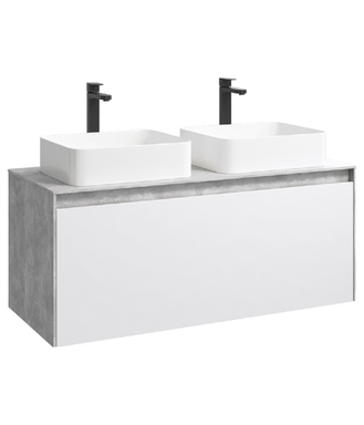 Подвесная тумба 120 см с двумя ящиками: основной и внутренний, скрытый за фасадом. Цвет бетон светлый/белый; с умывальником MOB0112BS+MOB0712W