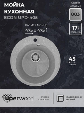 Кухонная мойка из искусственного камня Uperwood ECON UPD-405-003, круглая, серая матовая 4910201229