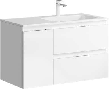 Подвесная тумба с двумя ящиками и одной дверью в белом цвете с умывальником из литьевого мрамора (чаша справа) ACC0109RW