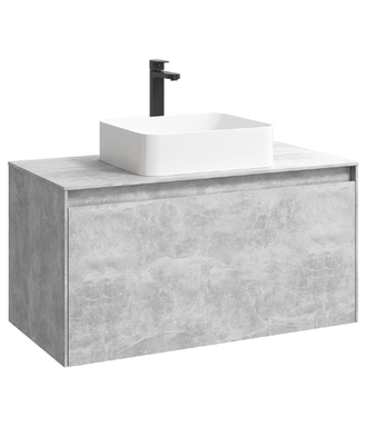 Подвесная тумба 100 см с двумя ящиками: основной и внутренний, скрытый за фасадом. Цвет бетон светлый; с умывальником MOB0110BS+MOB0710BS
