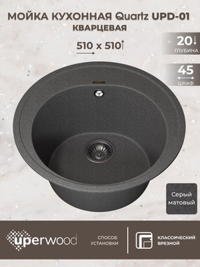 Кухонная мойка кварцевая Uperwood Quartz UPD-01-03, круглая, серая 3910202102