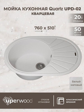 Кухонная мойка кварцевая Uperwood Quartz UPD-02-01, овальная, белая 3910202104