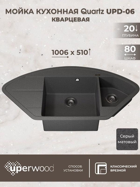 Кухонная мойка кварцевая Uperwood Quartz UPD-06-03, угловая двухсекционная, серая 3910202122