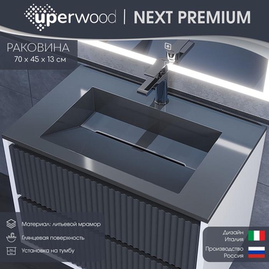 Раковина для ванной 70 см, Uperwood Next Premium, серая глянцевая 2900000191