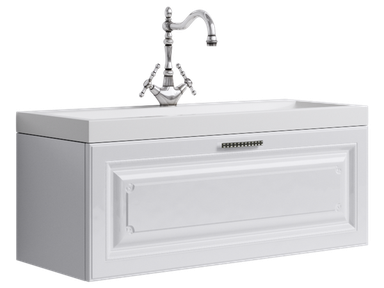 Подвесная тумба с одним ящиком в белом глянцевом цвете с умывальником из литьевого мрамора. Emp.01.10/W