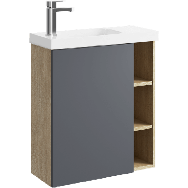 Подвесная тумба 60 см левая с одной дверью и открытыми полочками, цвет: корпус - дуб давос, фасад - серый матовый ALB0106LDD+ALB0706GRМ