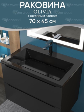 Раковина для ванной 70 см, Uperwood Olivia, с щелевым сливом, черная глянцевая ROlivia70bg