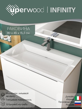 Раковина для ванной 80 см, Uperwood Infinity, белая глянцевая RInfinity80wg