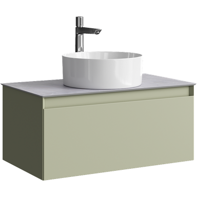 Подвесная тумба с одним ящиком 81 см, цвет зеленый шалфей со столешницей серый камень и наставным умывальником  GE01081SH+STG814X476GS