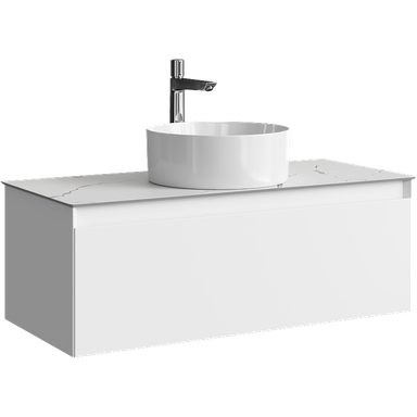 Подвесная тумба с одним ящиком 100 см, цвет белый со столешницей мрамор белый и наставным умывальником  GE01101WM+STG1014X456MW