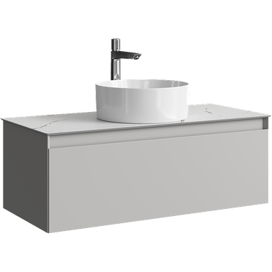 Подвесная тумба с одним ящиком 100 см, цвет серый туман со столешницей мрамор белый и наставным умывальником  GE01101ST+STG1014X456MW