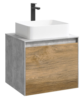 Подвесная тумба 60 см с двумя ящиками: основной и внутренний, скрытый за фасадом. Цвет бетон светлый/дуб балтийский; с умывальником MOB0106BS+MOB0706DB