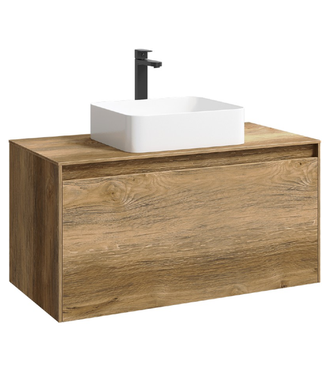 Подвесная тумба 100 см с двумя ящиками: основной и внутренний, скрытый за фасадом. Цвет дуб балтийский; с умывальником MOB0110DB+MOB0710DB