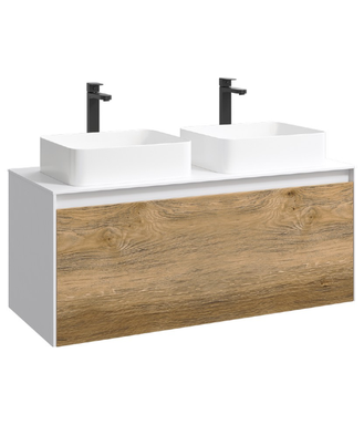 Подвесная тумба 120 см с двумя ящиками: основной и внутренний, скрытый за фасадом. Цвет белый/дуб балтийский; с умывальником MOB0112W+MOB0712DB