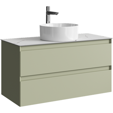 Подвесная тумба с двумя ящиком 100 см, цвет зеленый шалфей со столешницей мрамор белый и наставным умывальником  GE01102SH+STG1014X456MW