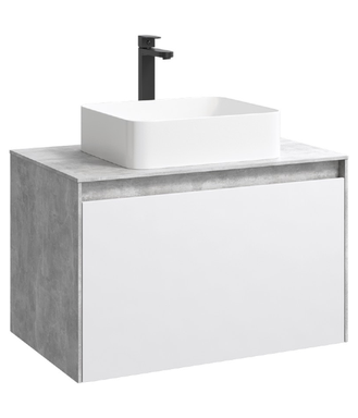 Подвесная тумба 80 см с двумя ящиками: основной и внутренний, скрытый за фасадом. Цвет бетон светлый/белый; с умывальником MOB0108BS+MOB0708W