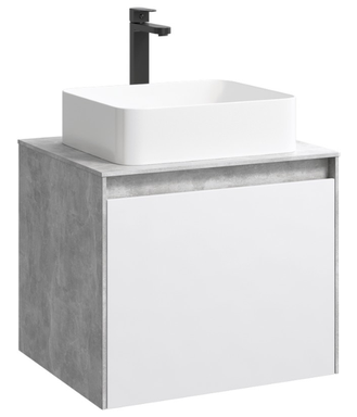 Подвесная тумба 60 см с двумя ящиками: основной и внутренний, скрытый за фасадом. Цвет бетон светлый/белый; с умывальником MOB0106BS+MOB0706W
