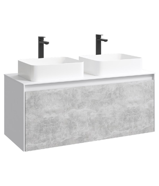 Подвесная тумба 120 см с двумя ящиками: основной и внутренний, скрытый за фасадом. Цвет белый/бетон светлый; с умывальником MOB0112W+MOB0712BS