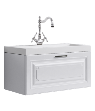 Подвесная тумба с одним выдвижным ящиком в белом глянцевом цвете с умывальником из литьевого мрамора. Emp.01.08/W