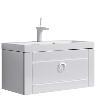 Подвесная тумба с одним ящиком в в белом глянцевом цвете с умывальником из литьевого мрамора. Inf.01.08/001