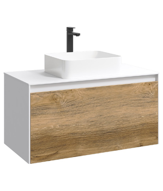 Подвесная тумба 100 см с двумя ящиками: основной и внутренний, скрытый за фасадом. Цвет белый/дуб балтийский; с умывальником MOB0110W+MOB0710DB