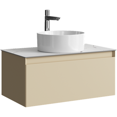 Подвесная тумба с одним ящиком 81 см, цвет морская дюна со столешницей мрамор белый и наставным умывальником  GE01081MD+STG814X476MW